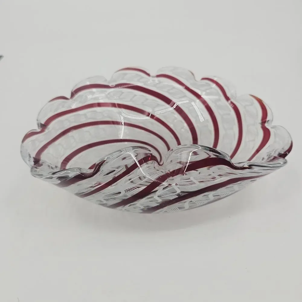 MCM Murano art glass bowl HEAVY Latticino Zanfirico Swirl centerpiece Pink White
